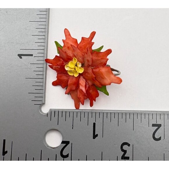 Vintage Poinsettia Earrings Clip-On Floral Red Flower 1950s Holiday Jewelry - Picture 3 of 6